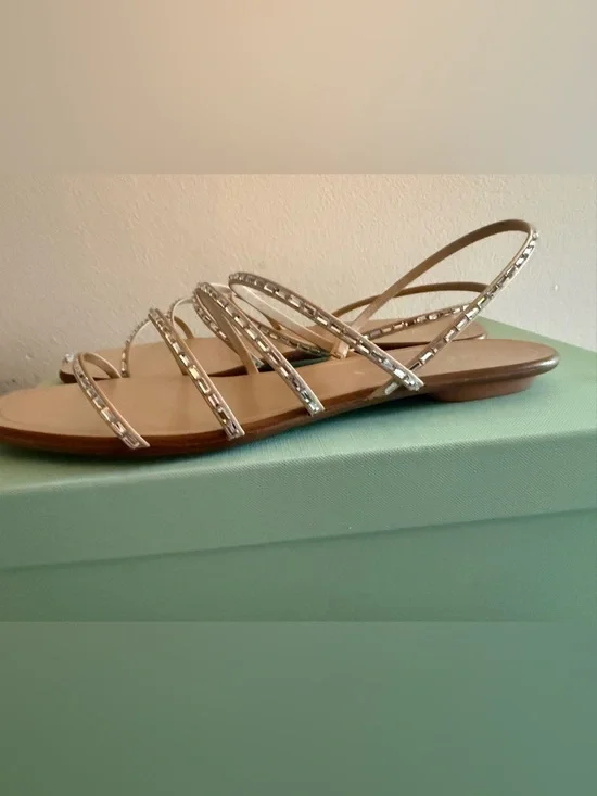 Aquazzura Tan Crystal-Strap Square Toe Flat Sandals - Picture 9 of 10
